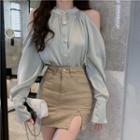 Long-sleeve Cold Shoulder Blouse / Mini Fitted Skirt