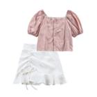 Short-sleeve Button-up Blouse / Drawstring Mini A-line Skirt