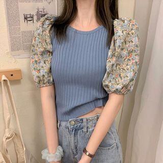 Floral Panel Puff-sleeve Cropped Knit Top