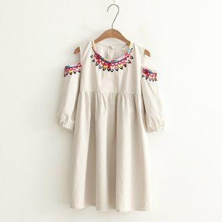 Cutout-shoulder Embroidery Shift Dress
