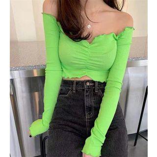 Off-shoulder Long-sleeve Shirred Crop Top