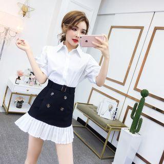 Set: Plain Puff-sleeve Shirt + High-waist Mini A-line Skirt
