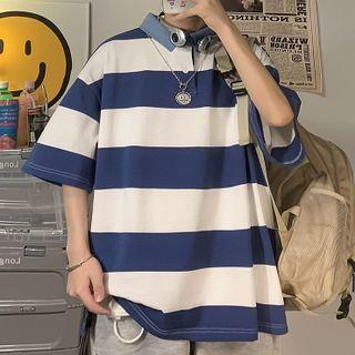 Color-block Stripe Polo Collar Oversized Tee