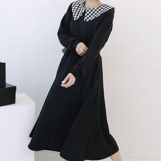 Gingham-collar Gathered-waist Pullover Dress