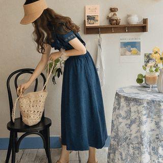 Frilled Denim Long Pinafore Dress Dark Blue - One Size