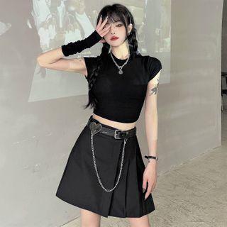 Short-sleeve T-shirt / Leopard Print Camisole Top / Heart Belt / A-line Skirt / Set