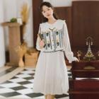 Set: Floral Embroidered Vest + Peter Pan Collar Long-sleeve Dress