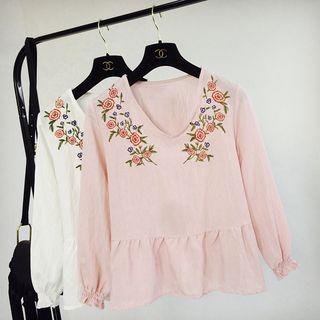 V-neck Floral Embroidered Blouse Pink - One Size