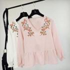 V-neck Floral Embroidered Blouse Pink - One Size