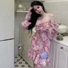 Lantern-sleeve Off-shoulder Floral Mini Sheath Dress