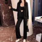 Set: Shawl Collar Buttoned Jacket + Wide-leg Pants Black - One Size