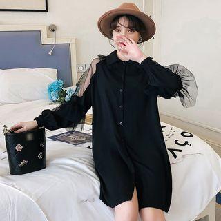 Long-sleeve Mesh Panel Mini Shirtdress