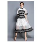 Color Panel Elbow Sleeve Lace Dress