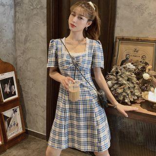 Plaid Square-neck Lace Trim Dress