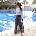 Set: Contrast-cuff Bow-accent Top + Paneled Skirt