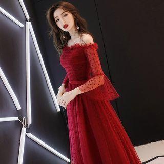 Bell-sleeve Off-shoulder Mesh A-line Evening Gown