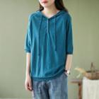 Elbow-sleeve Hooded Henley T-shirt