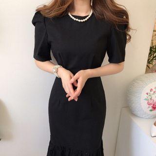 Short-sleeve Eyelet Lace Trim Midi Mermaid Dress