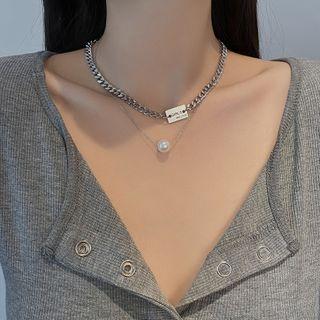 Faux Pearl Chunky Chain Layered Necklace 1 Pc - Silver - One Size