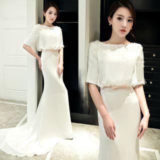 Elbow-sleeve Applique Beaded Open-back Evening Gown