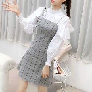 Set: Ruffle Trim Blouse + Spaghetti Strap Plaid Dress