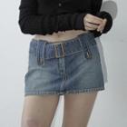 Belted Washed Denim Mini Skirt