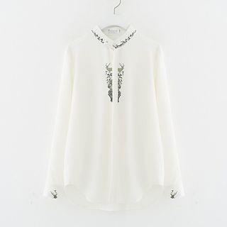 Deer Print Band Collar Chiffon Blouse