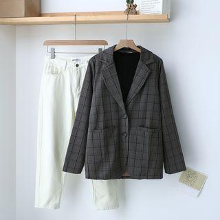 Plain Sweater / Plaid Blazer / Straight-cut Jeans