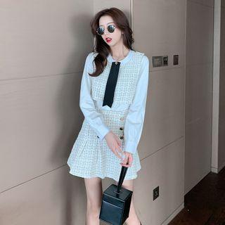 Set: Mock Two-piece Long-sleeve Blouse + Mini A-line Tweed Skirt