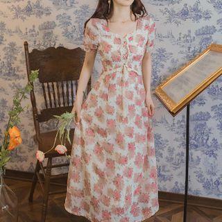 Short-sleeve Floral Print Lace-up Midi A-line Dress