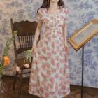 Short-sleeve Floral Print Lace-up Midi A-line Dress