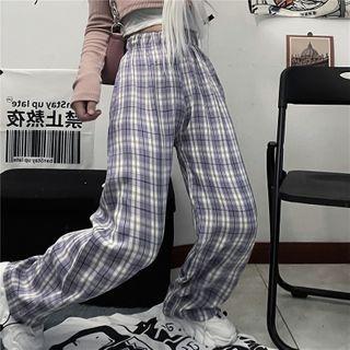 Elastic Waist Plaid Wide-leg Pants