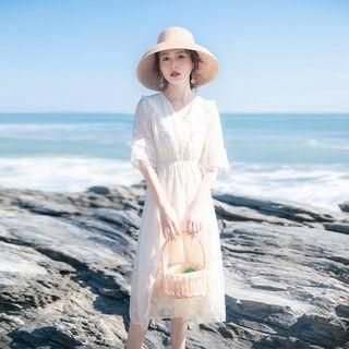 Elbow-sleeve Midi Perforated A-line Dress