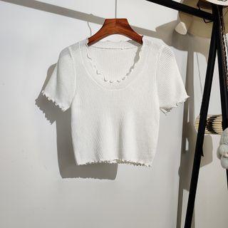 Cropped Plain Rolled Short-sleeve Knit Top