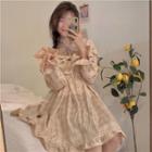 Long-sleeve Plaid Mini A-line Dress Plaid - Khaki - One Size