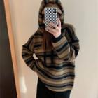Striped Loose-fit Hooded Sweater Coffee - One Size