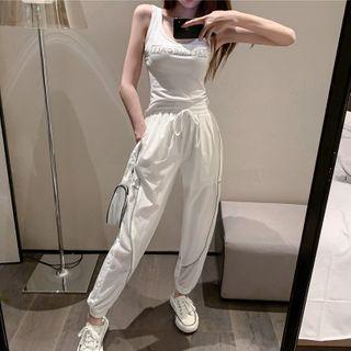 Reflective Lettering Tank Top / Mesh Panel Harem Sweatpants