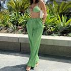 Set: Halter Neck Crop Camisole Top + High Waist Wide Leg Pants