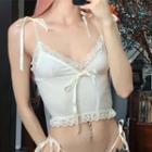 Tie-up Strap V-neck Lace-trim Top