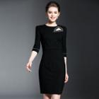 Elbow-sleeve Cut-out Embelished Sheath Dress