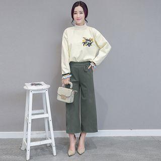 Set: Embroidered Pullover + Wide-leg Pants