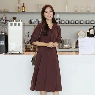 Set: Knotted-sleeve Blouse + Belted Flared Skirt