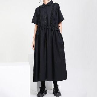 Short-sleeve Midi A-line Shirt Dress Black - One Size