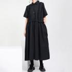 Short-sleeve Midi A-line Shirt Dress Black - One Size