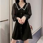Dotted Mesh Panel Long-sleeve Collared Dress