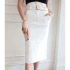 Stitched Denim Skirt With Belt One Size
