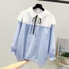 Flare-cuff Eyelet Lace Trim Striped Blouse Blue - One Size