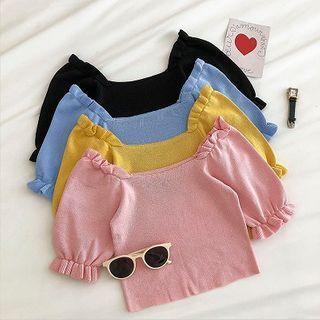 Plain Ruffled-trim Square-neck Puff-sleeve Knit Top