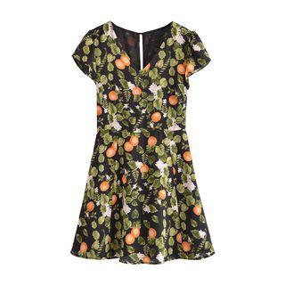 Short-sleeve Orange Print Mini A-line Dress