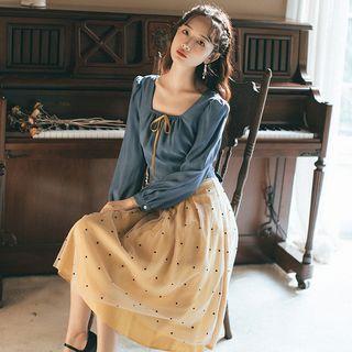 Set: Square Neck Long-sleeve Blouse + Dotted Mesh Panel Skirt
